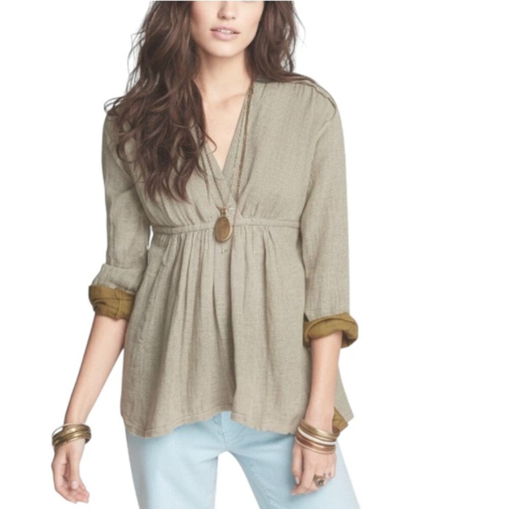 FREE  PEOPLE V-Neck Blouse-Tunic Women M Olive Coastal Boho Cottage Western City